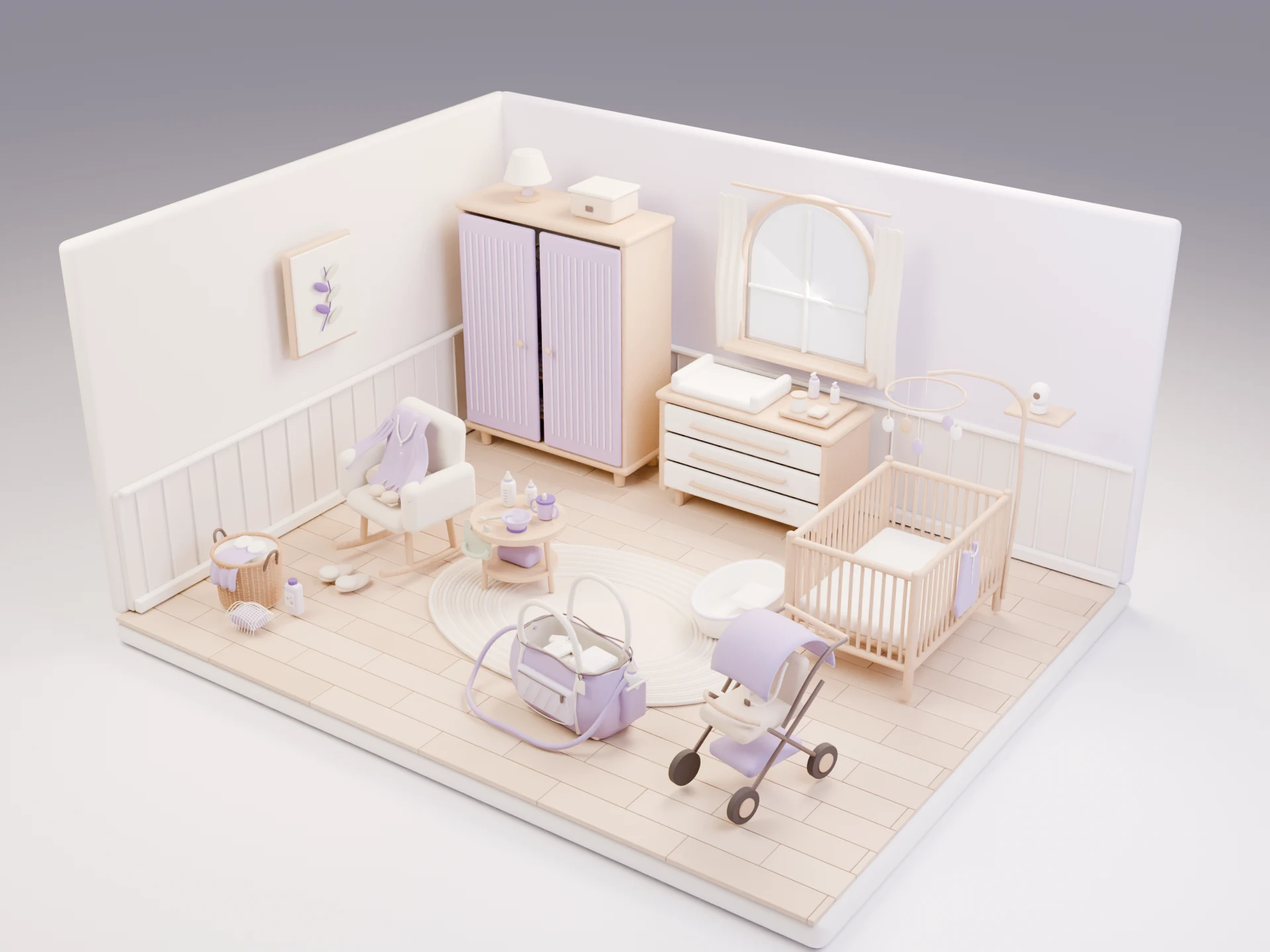 Quarto de bebê com roupas no armário, fraldas e itens de higiene na cômoda, berço, cantinho de alimentação, poltrona, cesto de roupas, mala maternidade e carrinho.